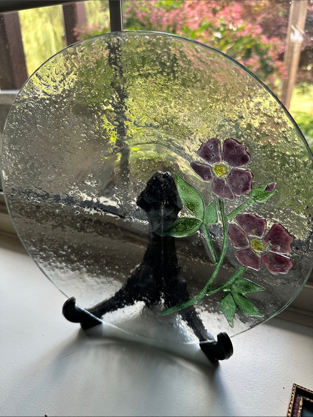 Handcrafted Pressed Glass Plate with Pink Floral Accent by Teresa McPherson